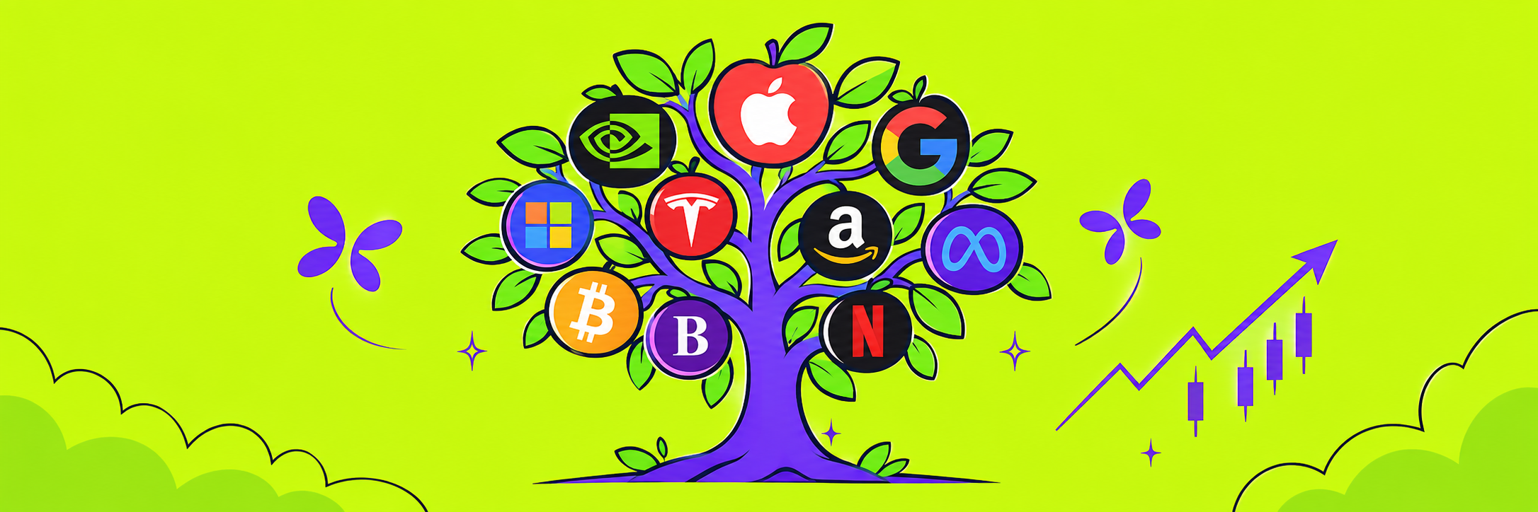 Cartoon Stockstree with famous stocks growing as fruit
